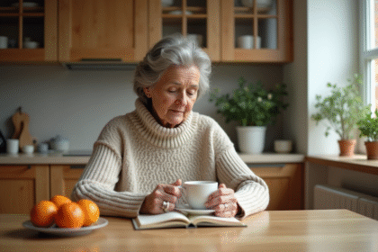 Femme en pull en laine buvant une tisane dans sa cuisine chaleureuse