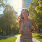 Jeune femme courant dans un parc urbain avec un tracker d'activité