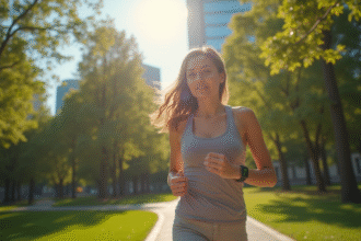 Jeune femme courant dans un parc urbain avec un tracker d'activité