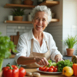 Femme mature préparant un plat de légumes frais dans la cuisine
