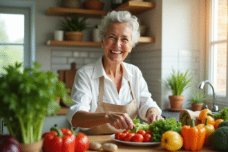 Femme mature préparant un plat de légumes frais dans la cuisine