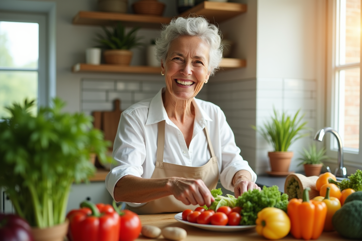 Femme mature préparant un plat de légumes frais dans la cuisine