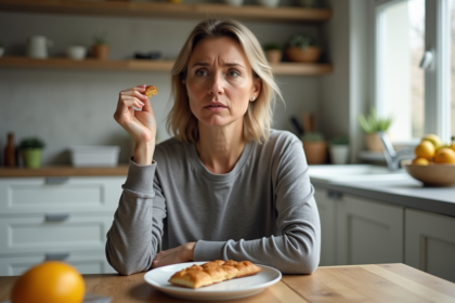Femme pensive dans la cuisine avec pâtisserie à la main