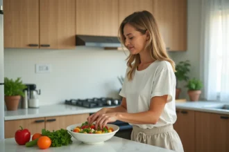 Femme préparant un repas sain dans une cuisine moderne pour perdre du poids sans sport