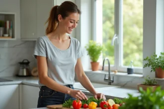 Femme préparant une salade healthy dans une cuisine moderne pour illustrer un régime minceur durable