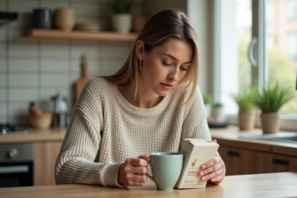 Femme lisant une boîte de thé dans la cuisine moderne