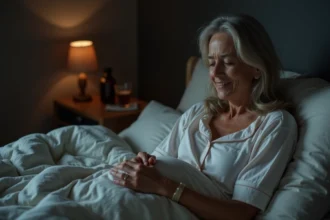 Femme souffrant de douleurs nocturnes aux genoux allongée dans son lit avec un flacon de solution naturelle sur la table de chevet