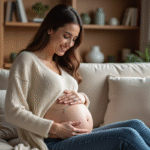 Femme enceinte tenant un collier bola dans un salon chaleureux