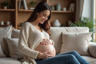 Femme enceinte tenant un collier bola dans un salon chaleureux