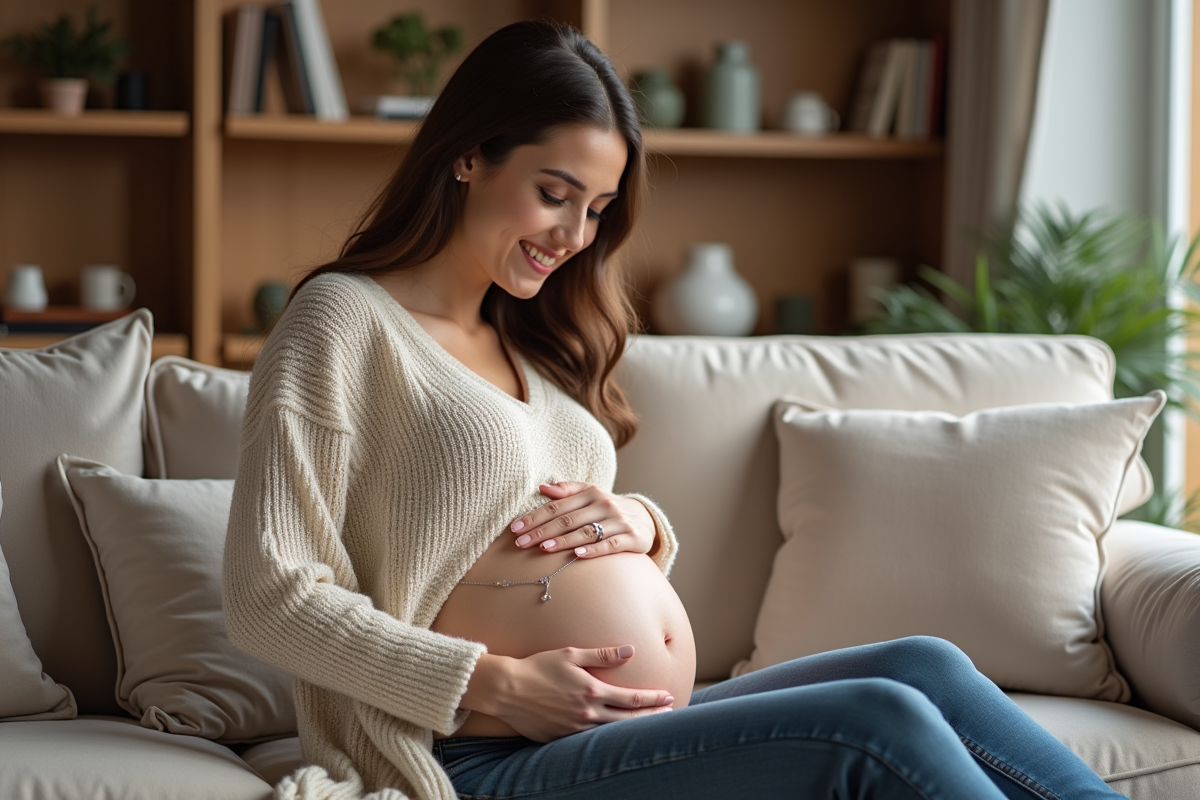 Femme enceinte tenant un collier bola dans un salon chaleureux