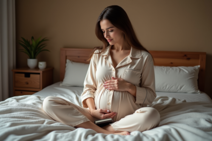 Jeune femme enceinte assise sur le lit avec journal