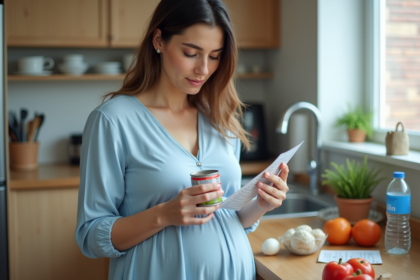 Femme enceinte examine une conserve de thon dans une cuisine moderne