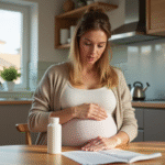Femme enceinte assise à la cuisine avec Gaviscon et eau
