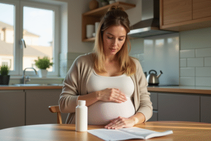 Femme enceinte assise à la cuisine avec Gaviscon et eau