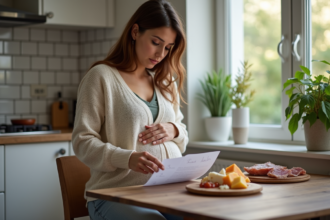 Femme enceinte lisant une liste d'aliments à éviter dans la cuisine