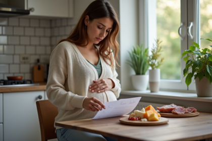 Femme enceinte lisant une liste d'aliments à éviter dans la cuisine