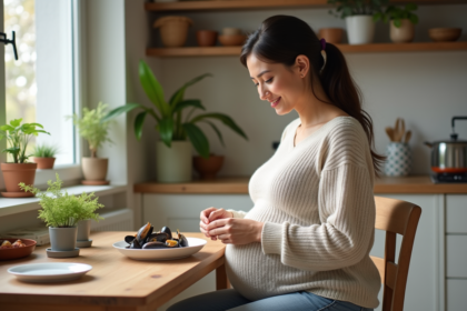 Femme enceinte souriante dégustant des moules dans sa cuisine