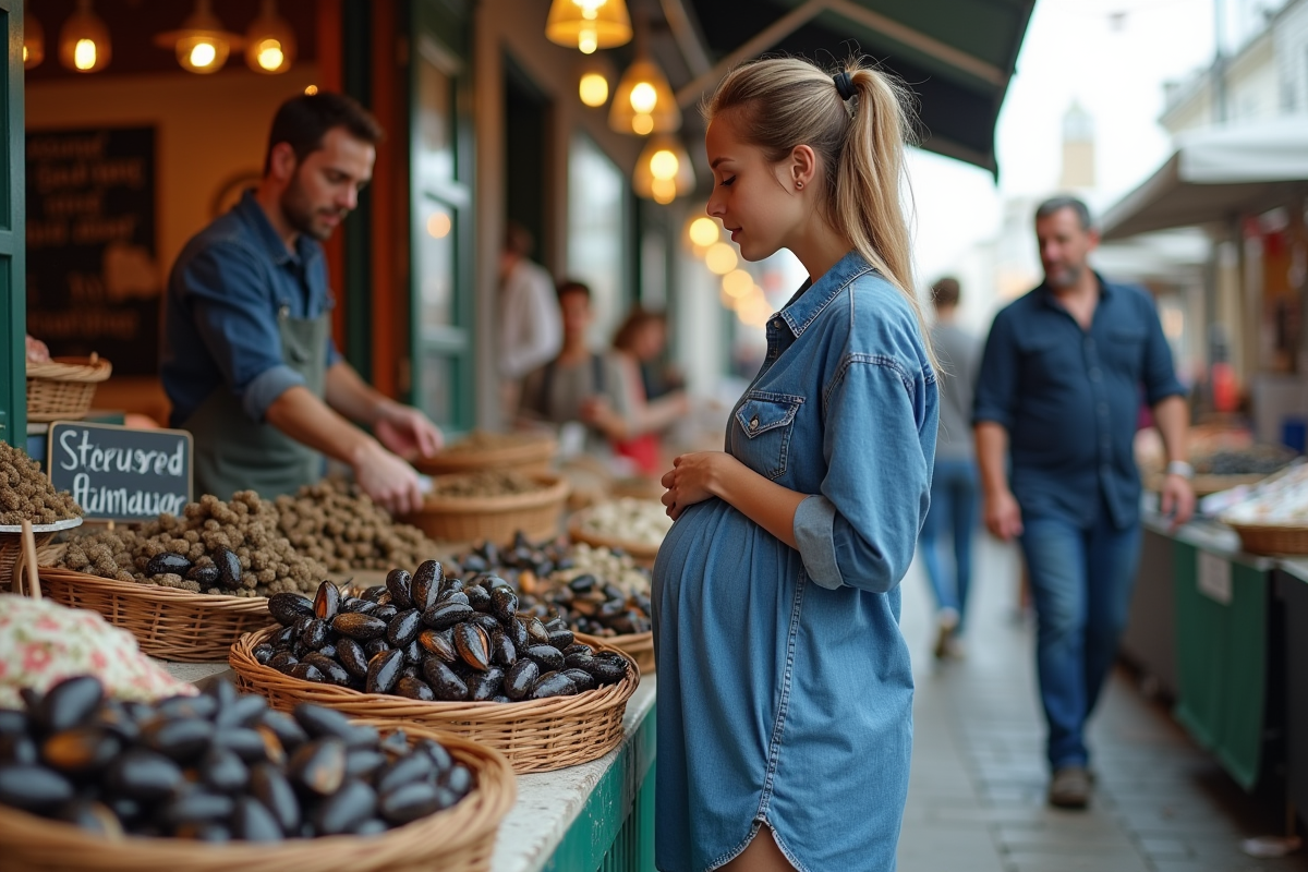 Jeune femme enceinte discutant avec un poissonier au marché