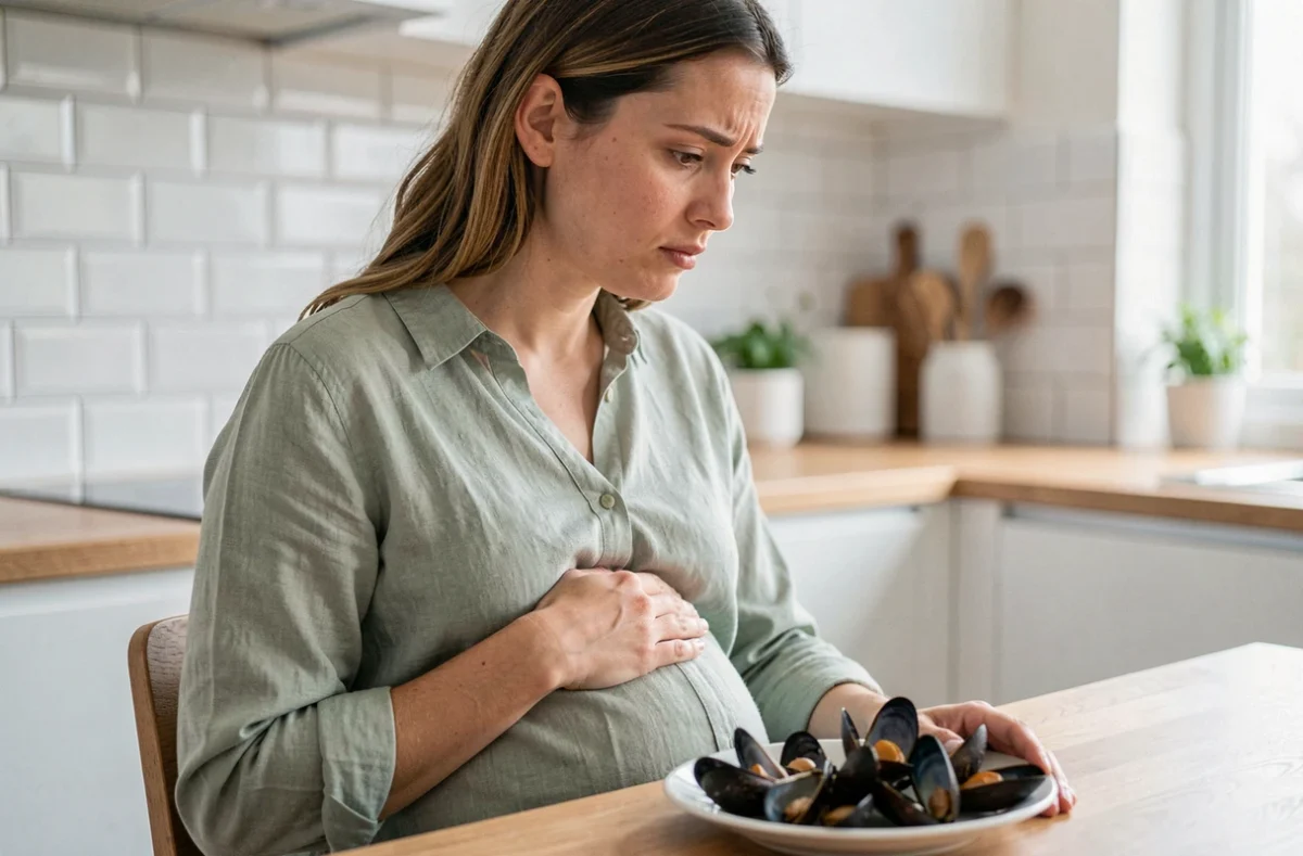 Femme enceinte hésitante devant un plat de moules, questionnement sur la sécurité alimentaire en grossesse