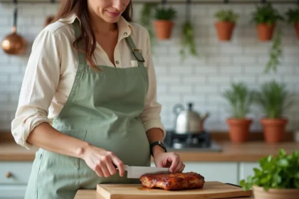 Femme enceinte préparant un magret de canard bien cuit dans une cuisine familiale chaleureuse