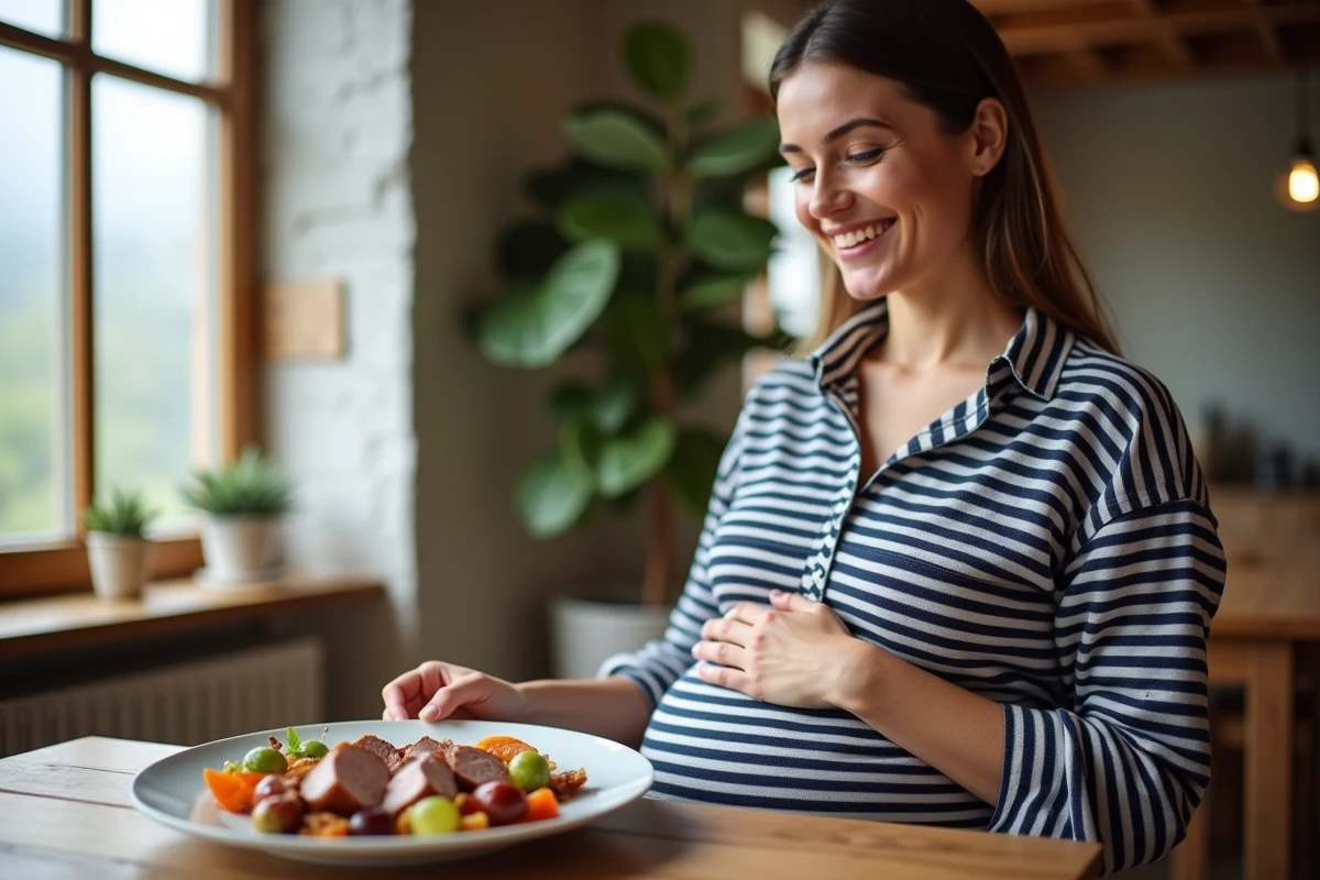 Femme enceinte souriante dégustant un repas de magret de canard sécurisé à table