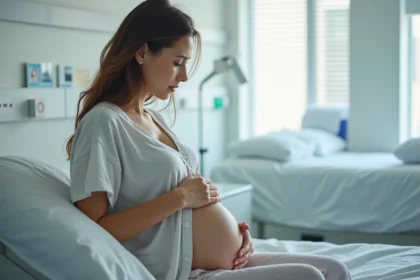 Femme enceinte assise dans une salle de maternité calme