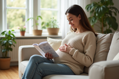 Femme enceinte lisant un guide prénatal dans un salon lumineux