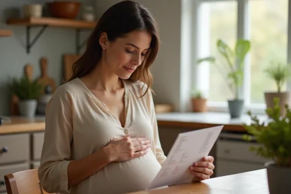 Femme enceinte lisant un document médical sur la scarlatine à la maison, main sur le ventre