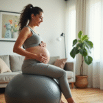 Femme enceinte souriante assise sur un ballon de sport dans un salon lumineux