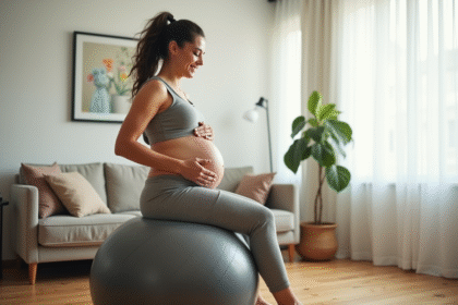 Femme enceinte souriante assise sur un ballon de sport dans un salon lumineux