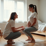 Femme enceinte en squat avec partenaire dans une salle de naissance