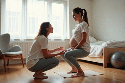 Femme enceinte en squat avec partenaire dans une salle de naissance
