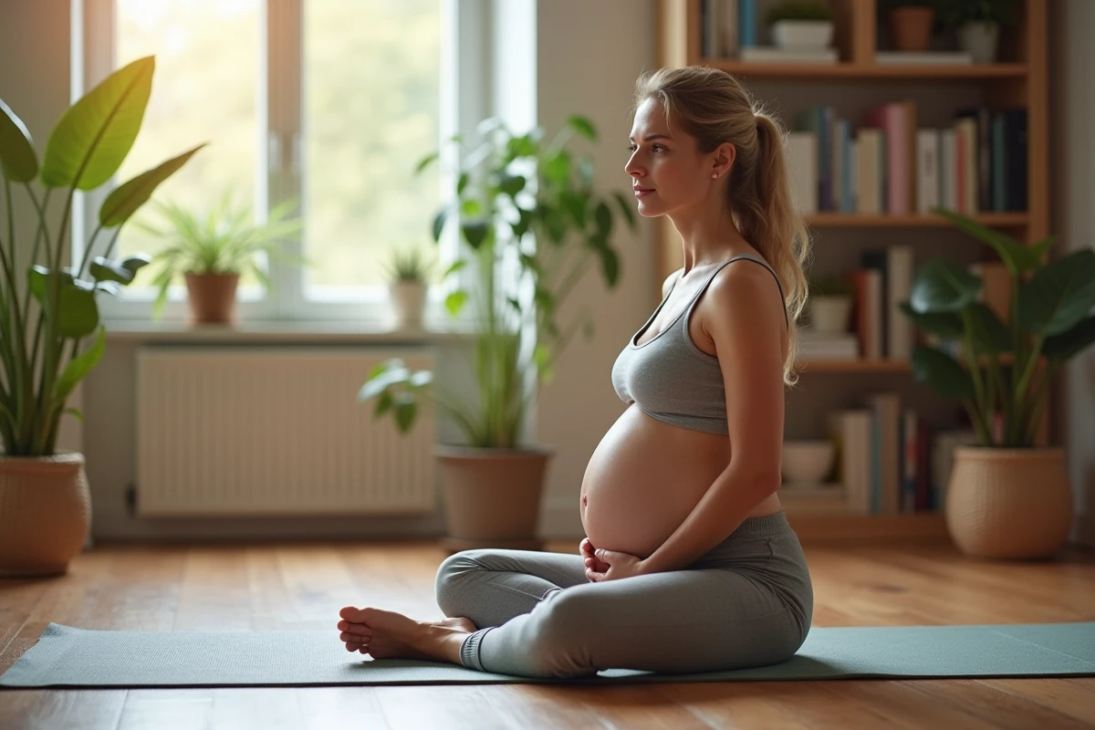 Femme enceinte faisant des étirements dans un salon lumineux