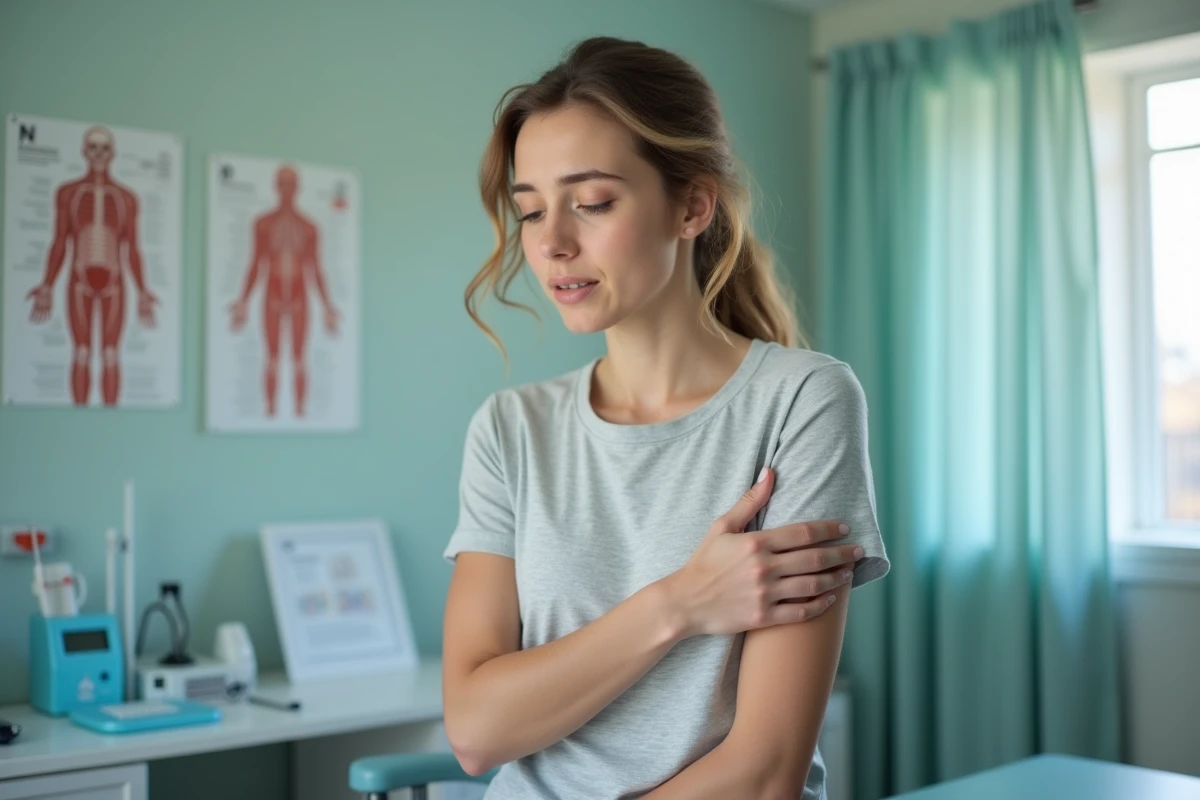 Femme en examen médical touchant son aisselle avec inquiétude