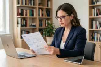 Femme experte lisant un document technique sur le zonivizectrum à son bureau à domicile