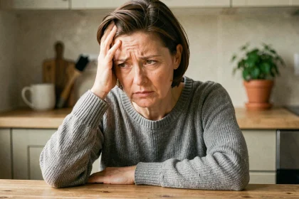 Femme d'une quarantaine d'années tenant sa main gauche contre la tempe gauche, expression préoccupée, dans une cuisine chaleureuse