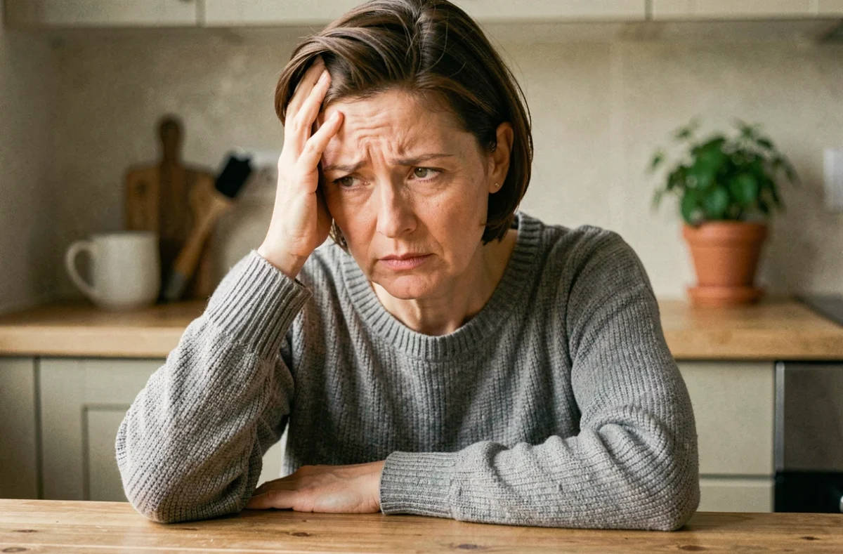 Femme d'une quarantaine d'années tenant sa main gauche contre la tempe gauche, expression préoccupée, dans une cuisine chaleureuse