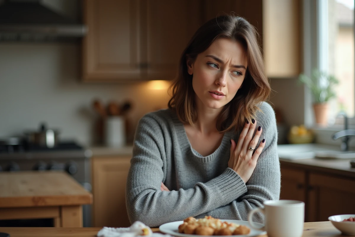 Femme se grattant le dos de la main gauche à la maison, signe de démangeaisons et picotements
