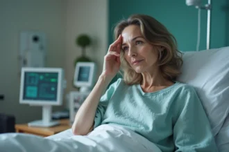 Femme d'âge moyen en gown hospitalier en repos