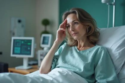 Femme d'âge moyen en gown hospitalier en repos