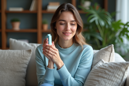 Femme assise sur un canapé avec inhalateur dans un salon cosy