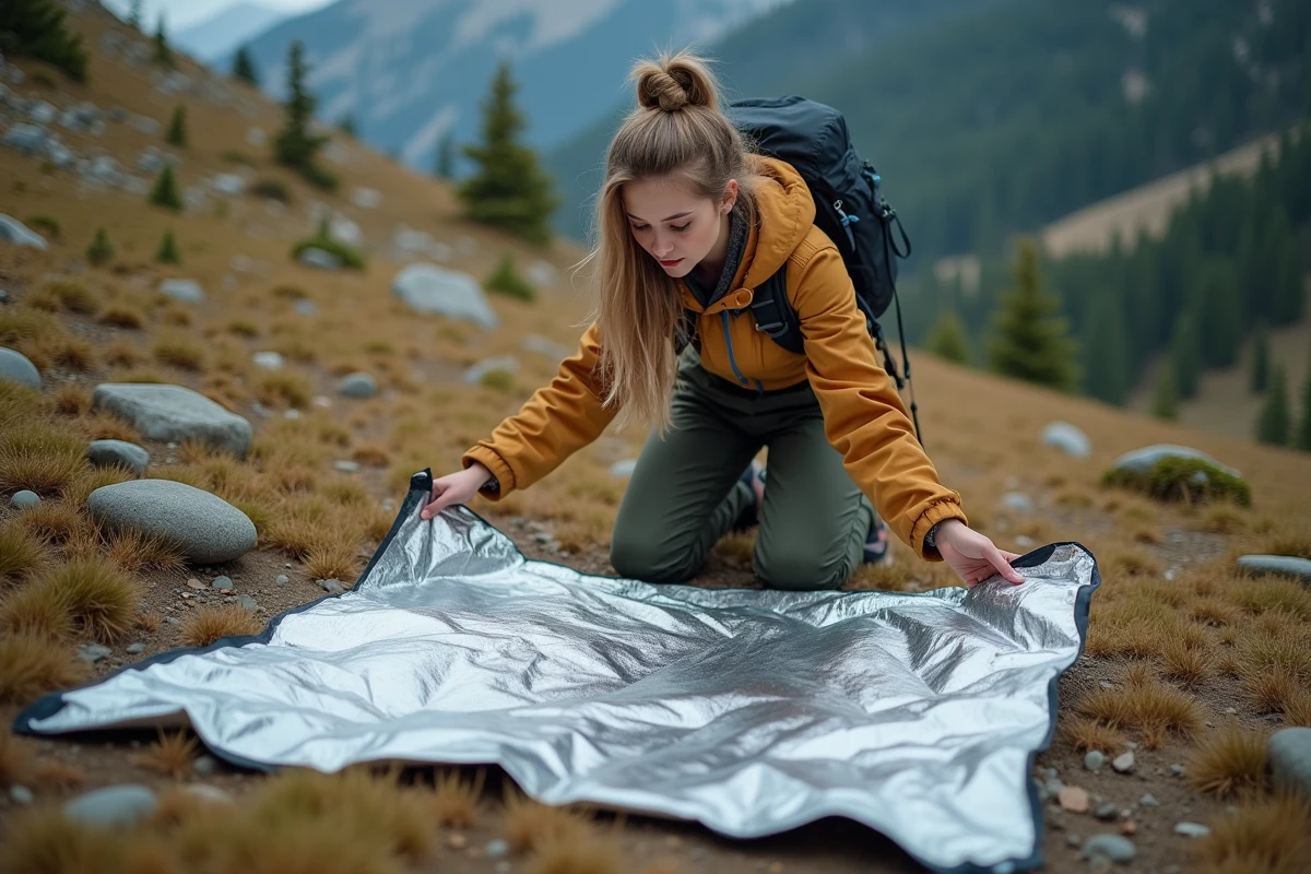 Jeune femme utilisant une couverture de survie comme isolation