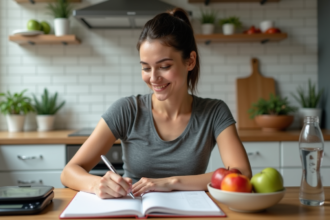 Femme en cuisine écrivant dans un journal alimentaire