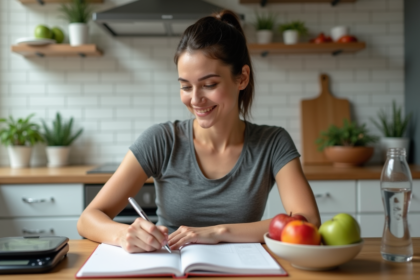 Femme en cuisine écrivant dans un journal alimentaire