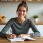 Femme en cuisine écrivant dans un journal lumineux