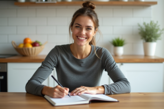 Femme en cuisine écrivant dans un journal lumineux