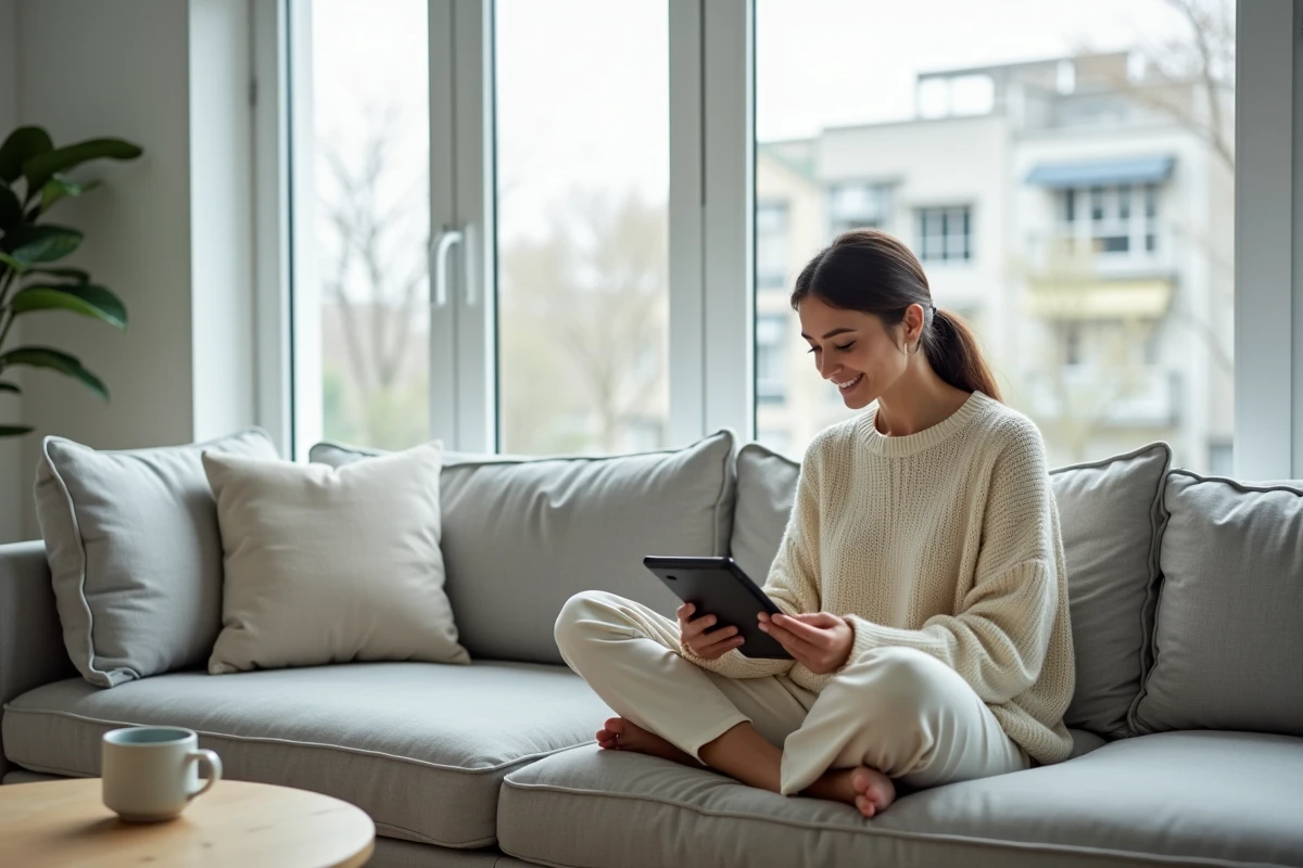 Femme lisant des conseils relationnels sur une tablette dans un intérieur moderne, concept de développement personnel amoureux