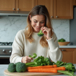 Femme souriante avec légumes frais dans une cuisine moderne