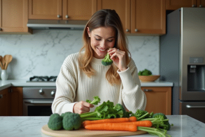 Femme souriante avec légumes frais dans une cuisine moderne