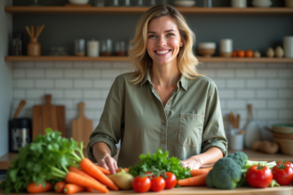 Femme arrangeant des légumes frais dans la cuisine moderne